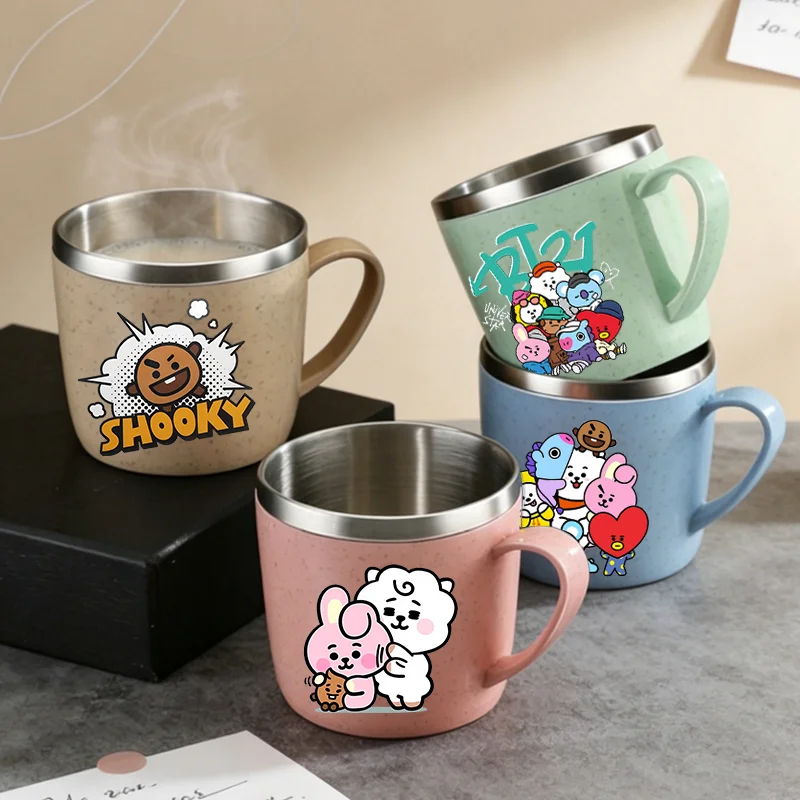Taza de Agua BT21 Anime Kawaii COOKY TATA RJ, Tazas para Café y Leche con Estampado, Acero Inoxidable 304, Anti-escaldaduras, Taza de Camping, Regalo