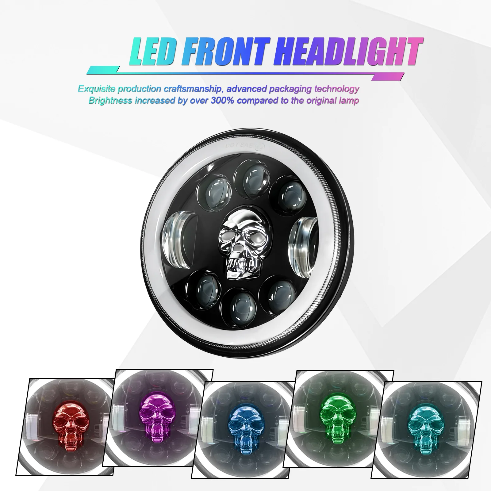 5.75 inch Motorcycle LED Headlight Skull Pattern LED Headlight with High/Low Beam Turn Signal DRL Colorful Angle Eye Light