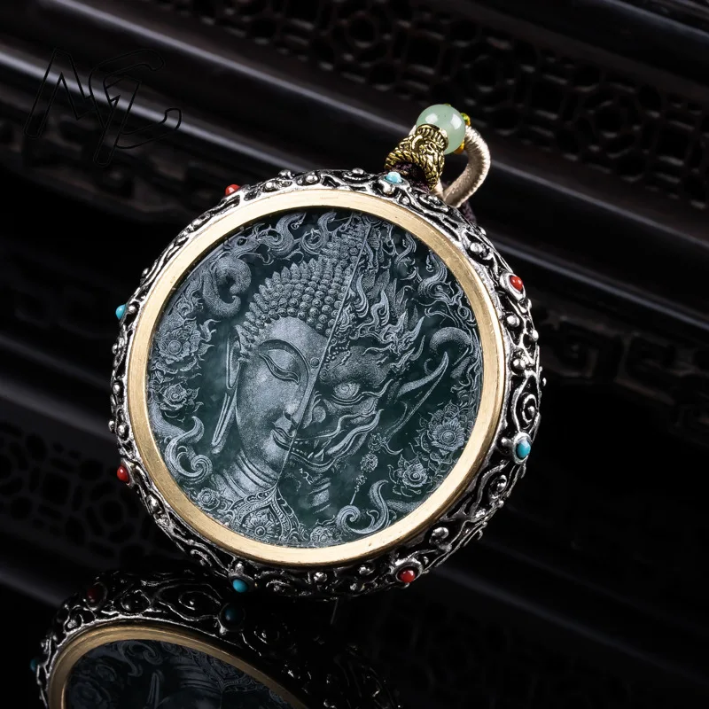 New Natural A Good Jadeite Silver Inlay Buddha Pendant Necklace Carved Charm Jewelry Fashion Amulet Gifts Women Men Certificate