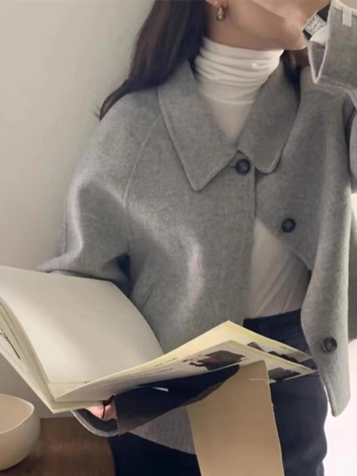 Frauen Winter Woolen Jaet Lose ort Sle drehen-unten Kragen Puppe Kragen Mantel Koreanische Sle Reine Farbe Pendeln Faion