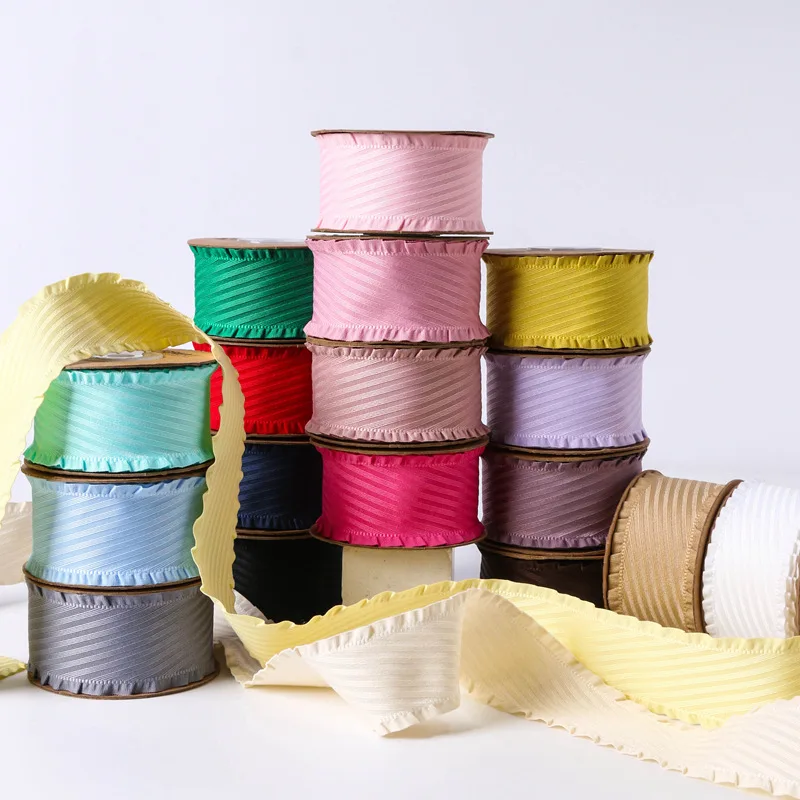 25mm 38mm Ruffle Stripe Grosgrain Ribbon For Hairbow Making Crafts Handmade Accessories Material Pleated Flounce Trim 50Yards