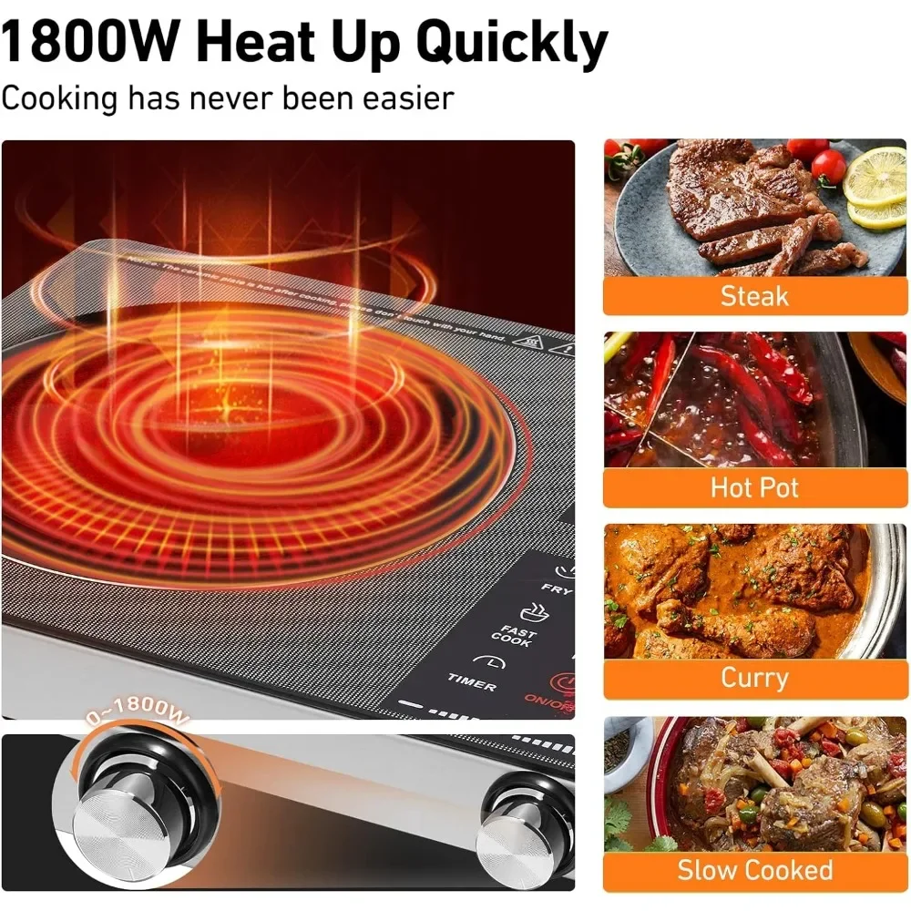 Induction Cooktop, 1800 W, Electric Hot Plate with Touch Control Panel Adjustable Heating, Glass Infrared Cooktop for Cooking