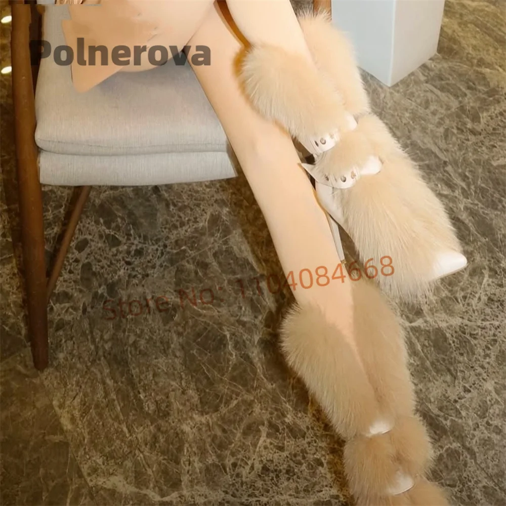 

Women's Belt Buckle Fur Ankle Boots Apricot Black Fluffy Plush Warm Winter Boots Pointed Toe High Heels Stylish Lady Shoes