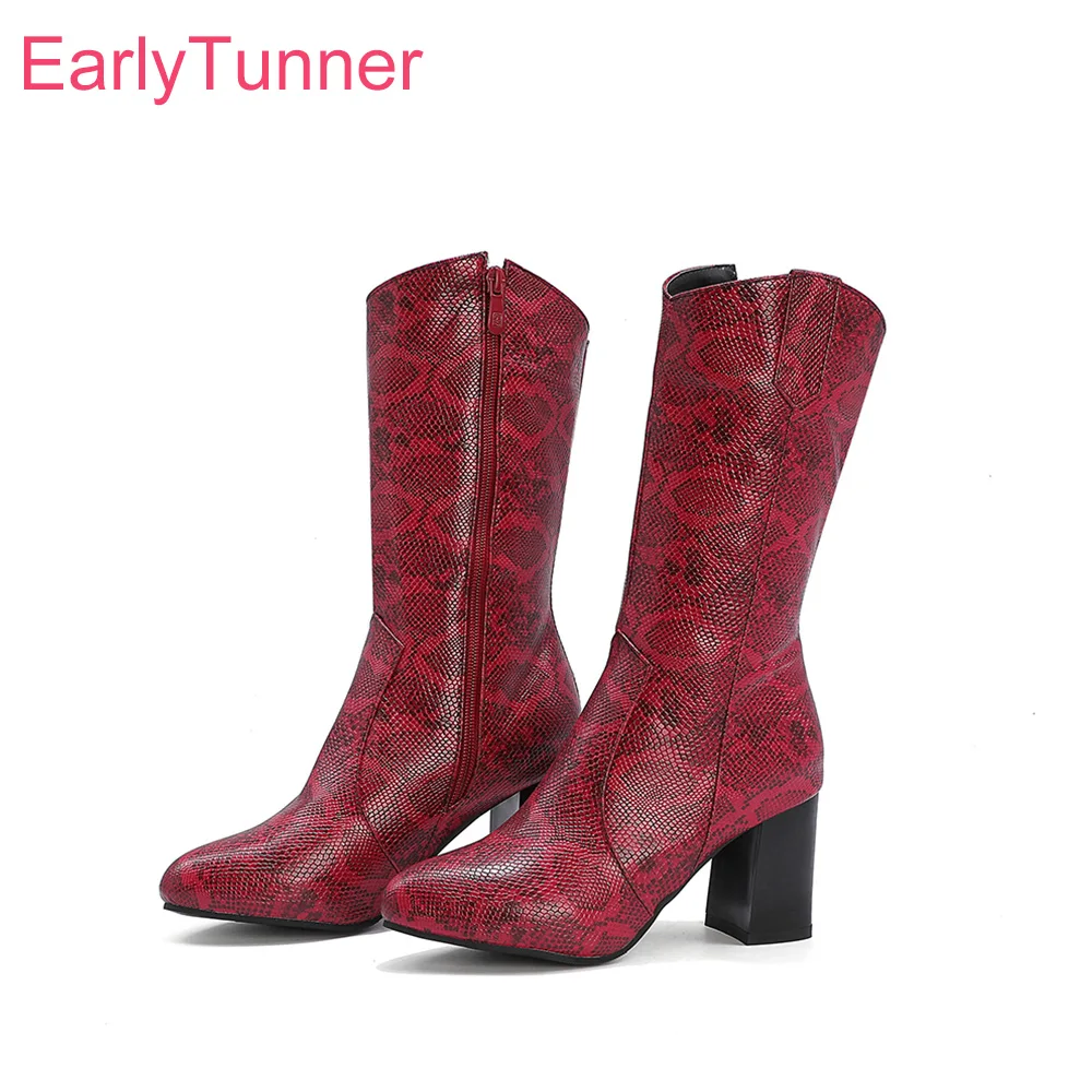 

Winter New Fashion Wine Red White Women Mid Calf Boots Snakeskin High Heels Lady Dress Shoes Plus Big Size 10 43 48