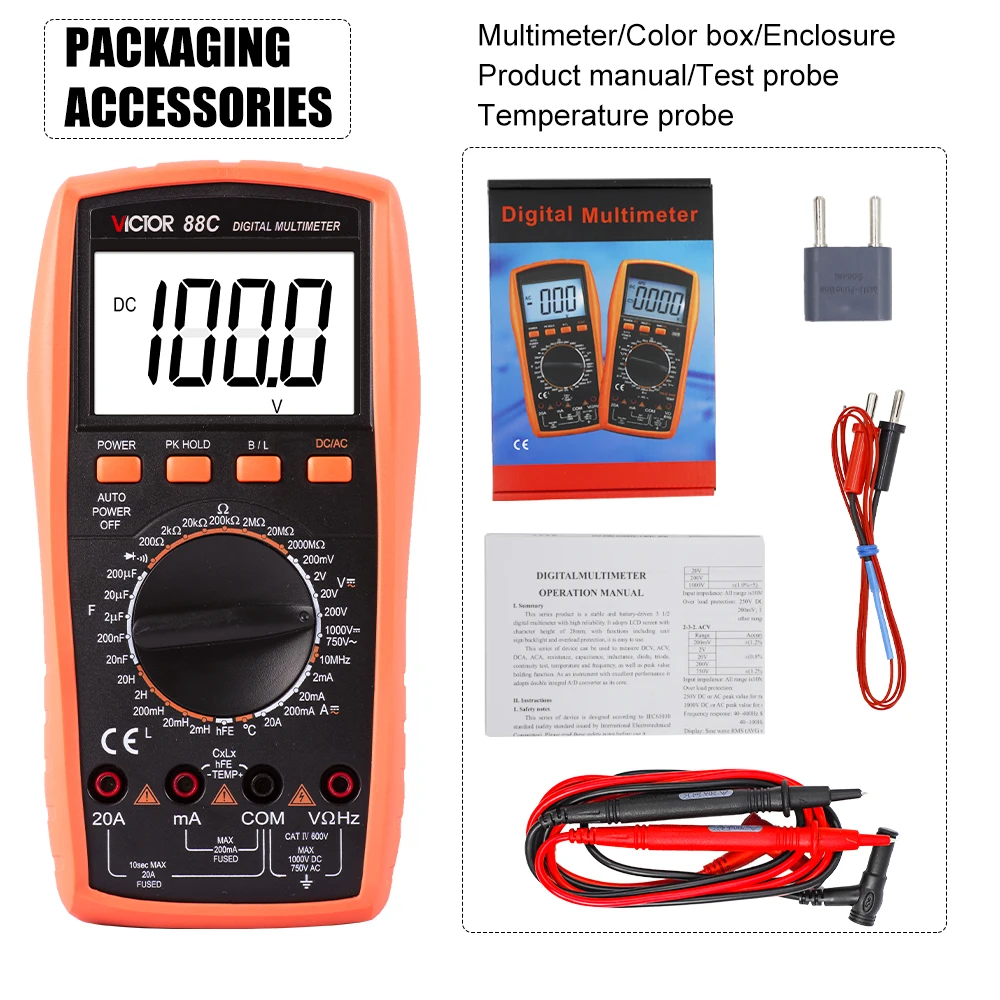 Victor 88C Multimeter 2000MΩ Resistance Inductance 20H Large LCD Display True RMS 1000V/20A AC DC With Temperature Frequency