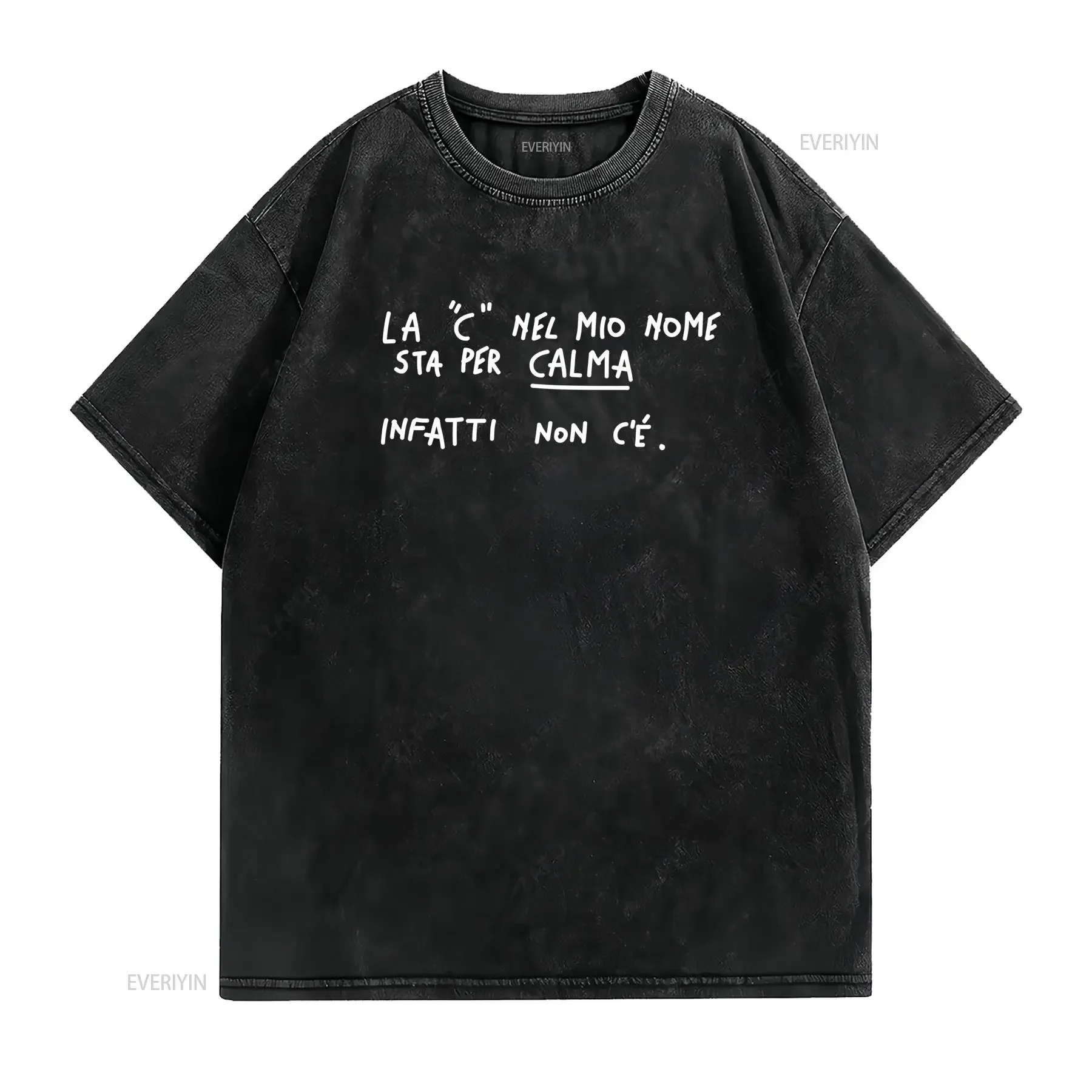 T shirt da donna con frase in italiano C Mio Nome Sta Per Calma Girocollo nero scritta bianca stile casual tessuto vintage