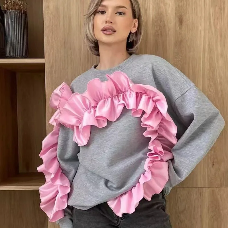 Women Clothing Chic Three-dimensional Decoration Long Sleeve Hoodies Spring Autumn Loose O-neck Solid Color Y2K High Street Tops