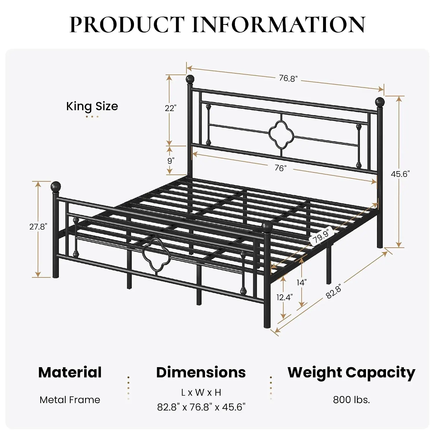 14 Inches King Size Metal Platform Bed Frame/Vintage Iron-Art Headboard and Footboard/Mattress Foundation for, Customized