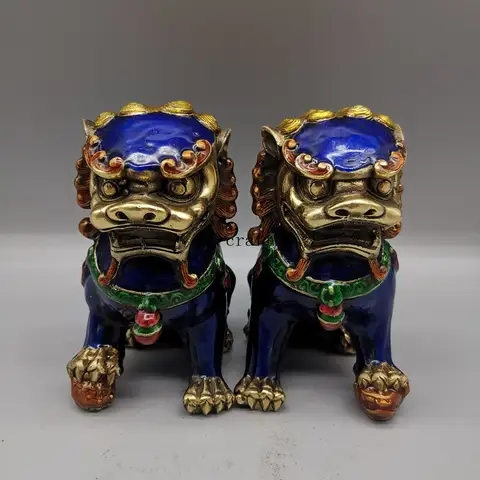 A Pair Chinese Antique Guardian Lion Foo Fu Dog Door guard Brass Statue Fengshui ornament