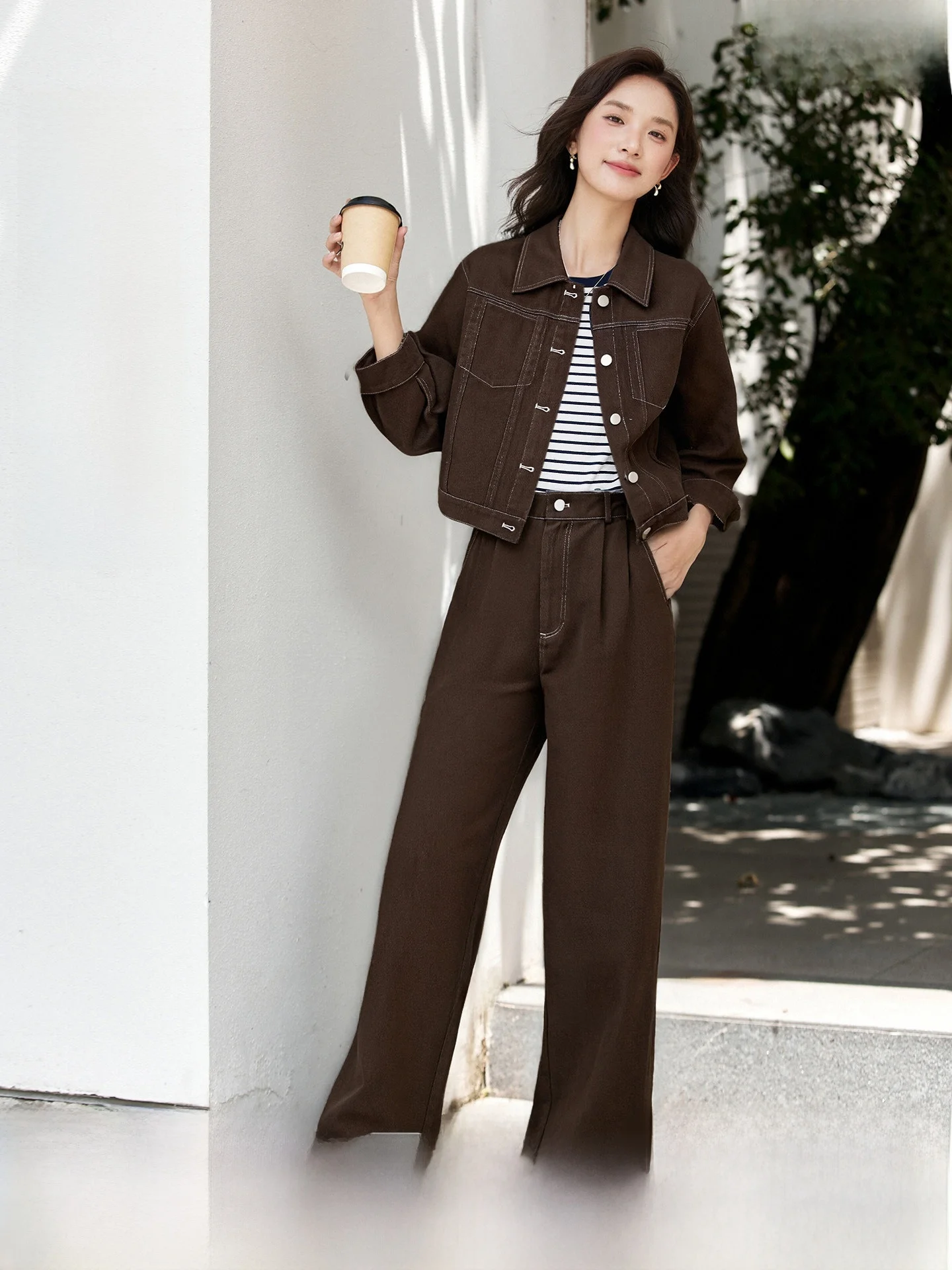 

Костюм из чистого хлопка: пальто и брюки с широкими штанинами, женский комплект из двух предметов, осенний, модный, повседневный, на пуговицах, с длинными рукавами