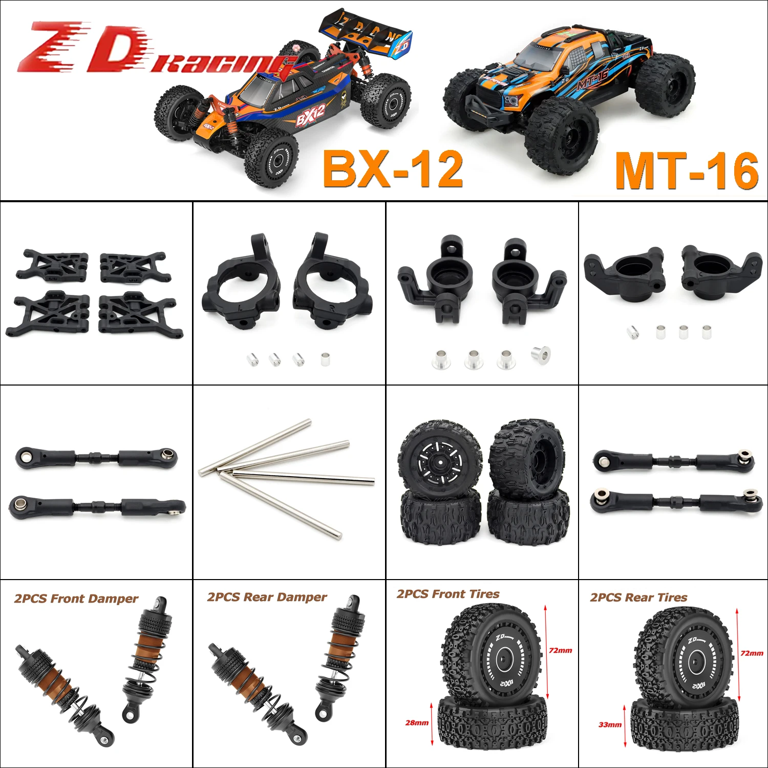 ZD Racing 1/12 BX-12 1/16 MT16 RC Car Upgrade Part 85mm Rubber Tire Shock Absorber Steering Tie Rod C Seat Steering Cup Componen