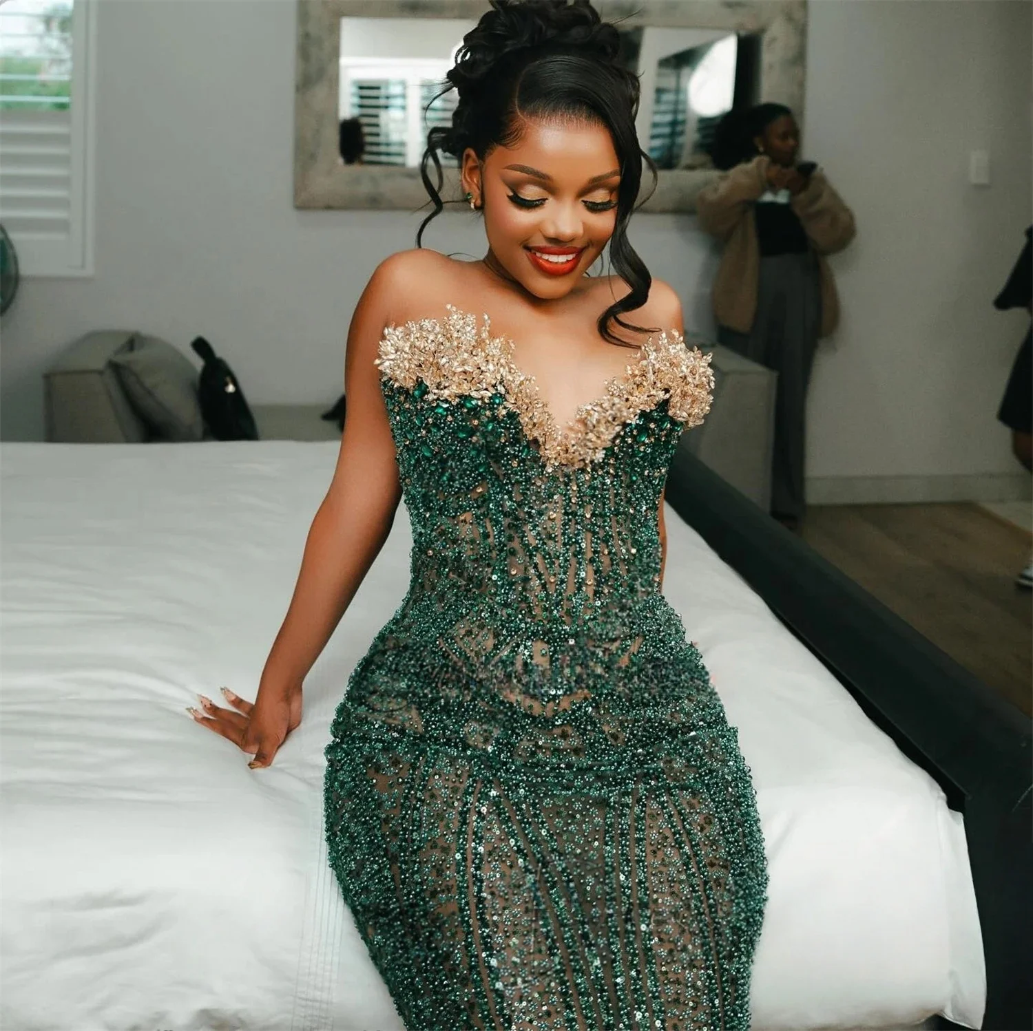 Luxury Green African American Prom Dresses For Black Girls Mermaid Sweetheart Pearls Robe De Soiree Evening Gown Customized view 2
