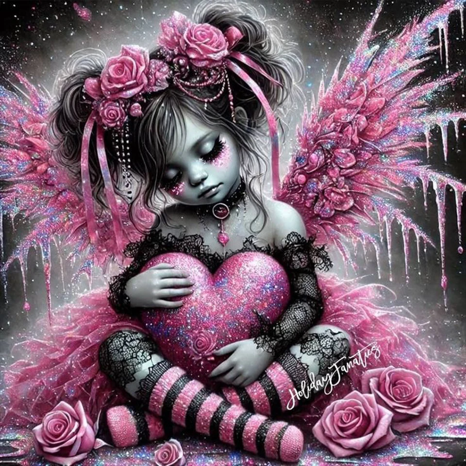 5D DIY Diamond Painting Kit, Pink Angel hug heart Cute Girl Art, Full Diamond Mosaic Craft Set, For Living Room Wall Decoration