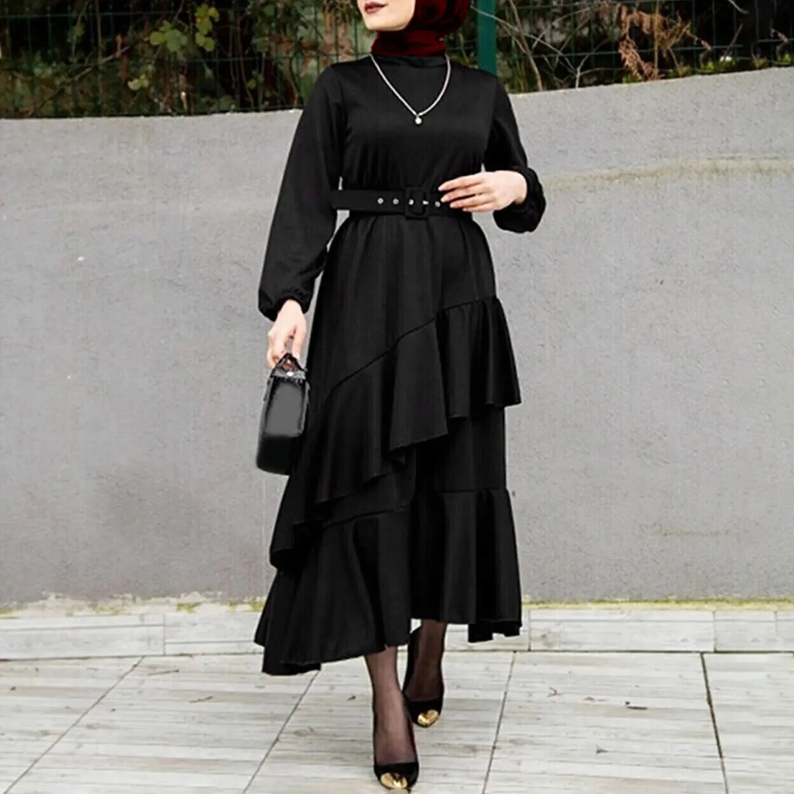 

Turkish Abaya Women Muslim Ruffles Party Dress Eid Ramadan Gown Islam Djellaba Marocain Kaftan Dubai Arabic Abayas Belted Robe