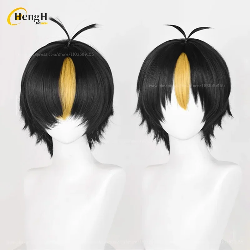 Anime Yu Nishinoya Synthetic Wig Short 30cm Black Highlights Golden Cosplay Wig Heat Resistant Hair Party Unisex Wigs + Wig Cap