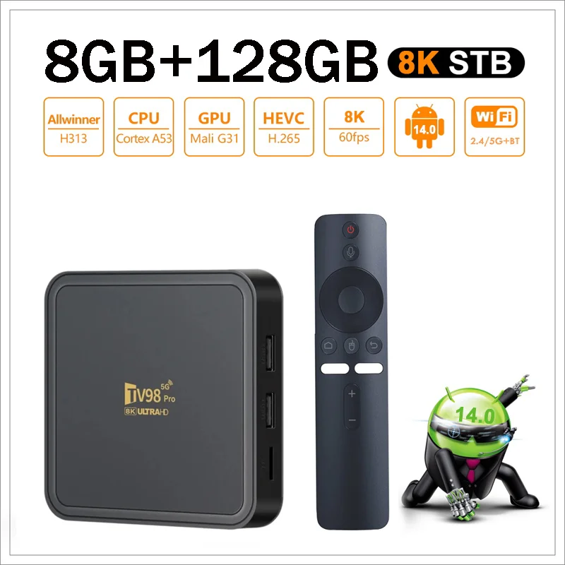 

TV98 Pro TV Box Android 14 Allwinner H313 Quad Core 8GB 128GB Support HD 8K 4K 4G 5G Wifi6 BT5.0 Voice Remote Player Smart IPTV
