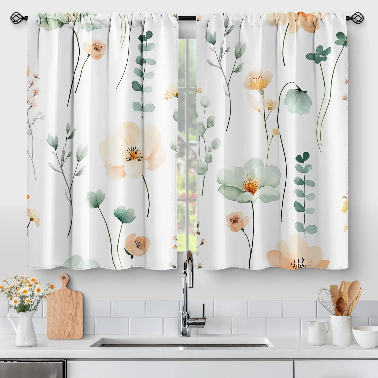 Watercolor Floral Kitchen Curtains Sage Green Beige Spring Flower Tier Cafe Curtains Bathroom Modern Drapes 2 Panels