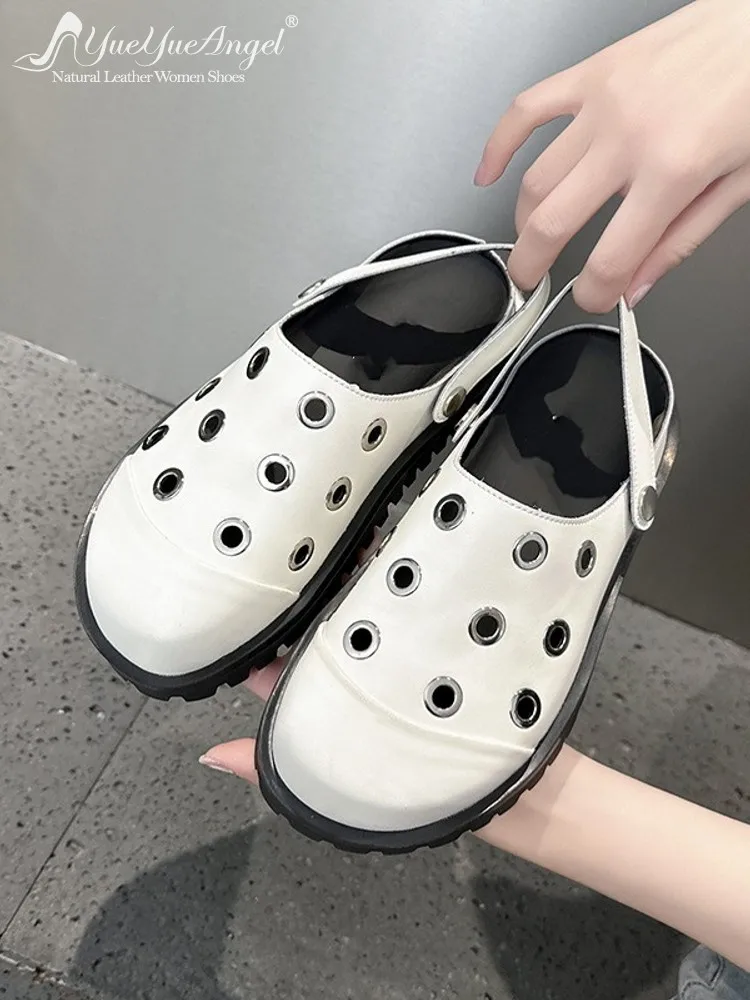 Fashion Female Summer Metal Nail Hole Shoes Split Leather Slippers Thick Soled Height Increasing Casual Ladies Slip On Footwear