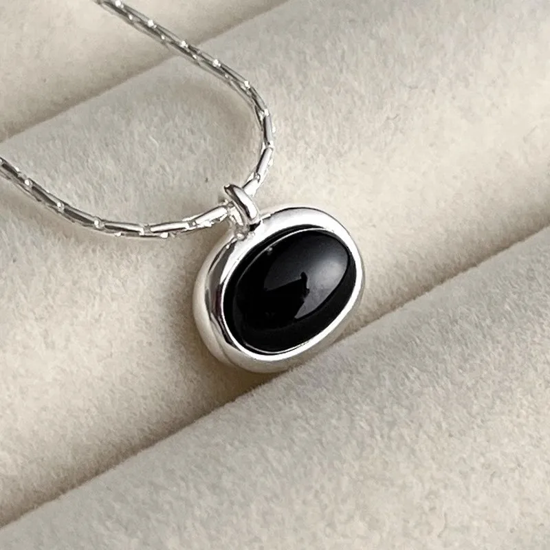 

PANJBJ 925 Sterling Silver Necklace For Women Black Stone Engagement Fine Jewelry Wedding Party Birthday Gift Dropshipping
