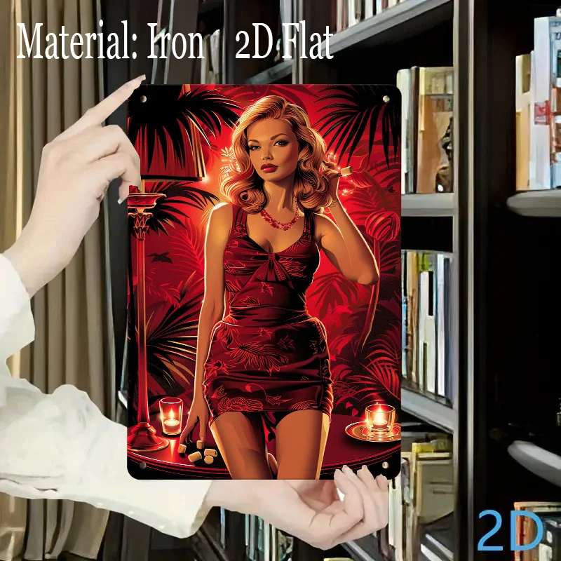 Dark Fantasy Style Witch Iron Metal Sign, , Featuring a in Vintage Attire Holding Wand with Flames and Retro Patterns Background