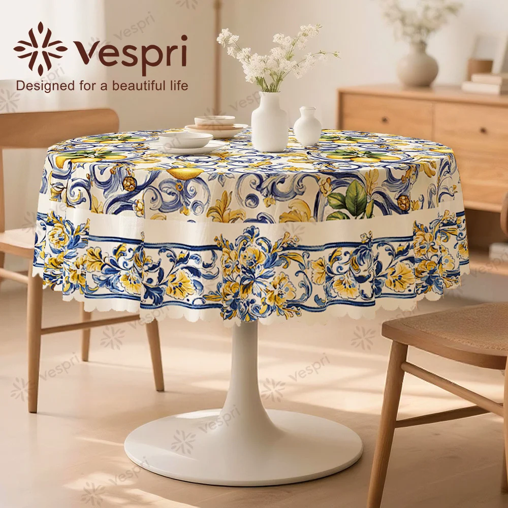 Vespri fruit tablecloth, with white and yellow decorations, featuring yellow flowers