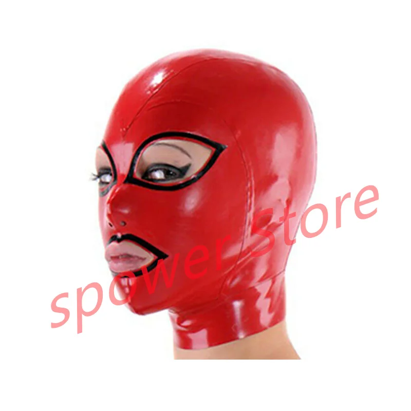

Natural Latex Full Head Latex Hoods Rubber Mask Fetish Cosplay Costumes Red with Black Trim Back Zip Club Wear
