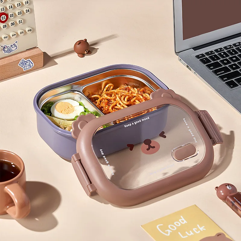 Cartoon Bear Stainless Steel Lunch Box Portable Leakproof Bento Box Sealed Food Container Lunchbox Microwavable Dinnerware