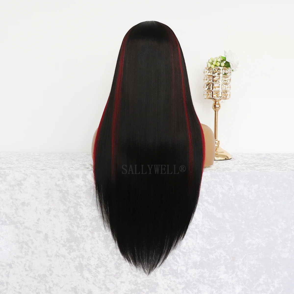 Burgundy Highlight Straight 13x4 Lace Front Wigs For Women Ombre Red Mixed Black Wig With Baby Hair Heat Resistant Fiber Wig