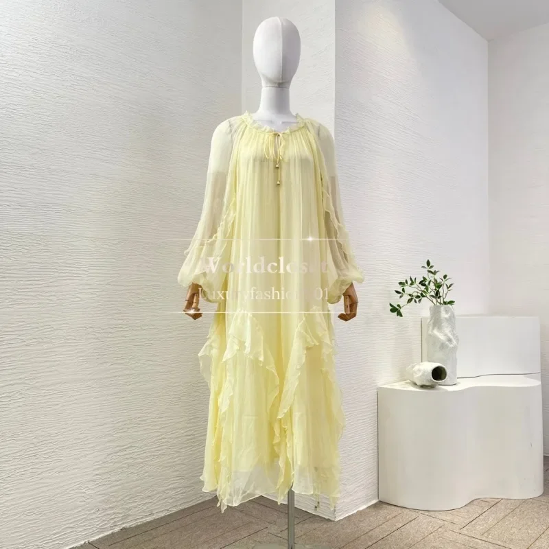 

Yellow Ruffles Loose Long Sleeve Midi Dress Silk 2025