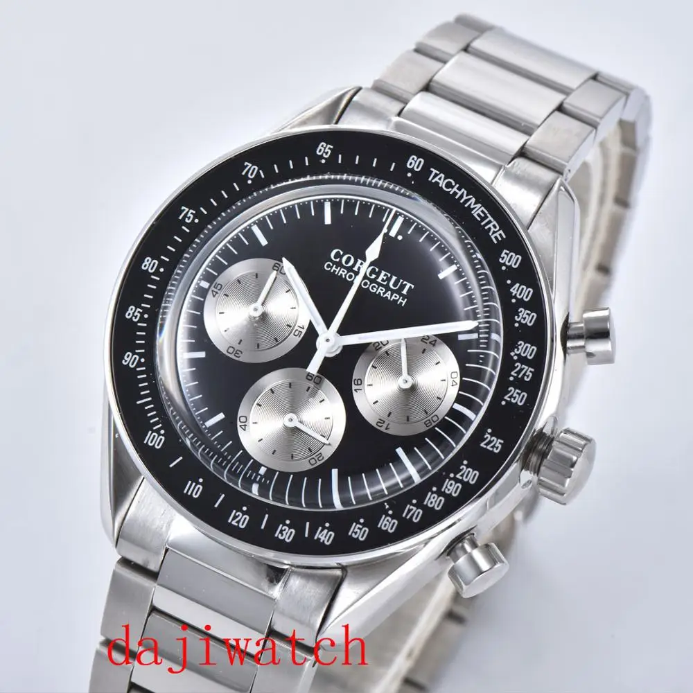 

40mm Corgeut Japanese Quartz Movement watch Full Chronograph Black Dial Steel Bracelet Men's Watch