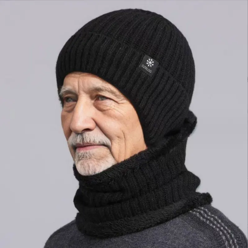 Conjunto elegante de 2 piezas para hombre, gorro de punto para papá, gorro de terciopelo, bufanda de lana de Coral para montar al aire libre, gorro grueso de protección para el cuello, Invierno