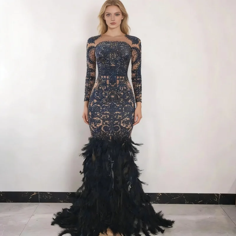 Women's Vintage High Slit Long Dress Sparkly Rhinestones Print Sexy Stage Performance Dance Costume Singer Dancer Bar Nightclub