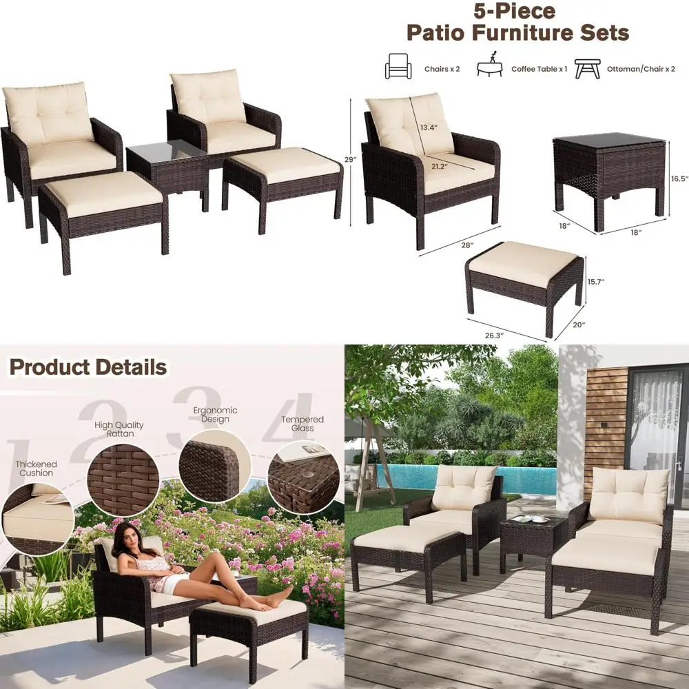 

5-Piece Outdoor Patio Furniture Set with PE Rattan Chairs, Ottoman, and Table for Garden and Front Porch