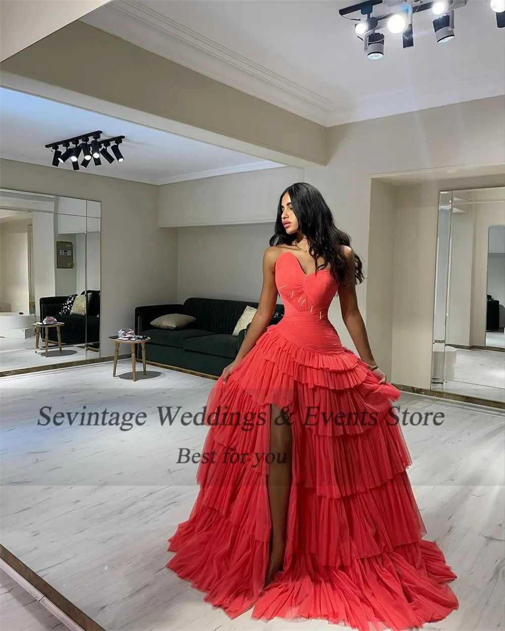 Sevintage Customized Blush Pink Arabic Prom Dress Pleated Tiered Mid Slit  Evening Gown Formal Women Occasion Party Dresses 2023