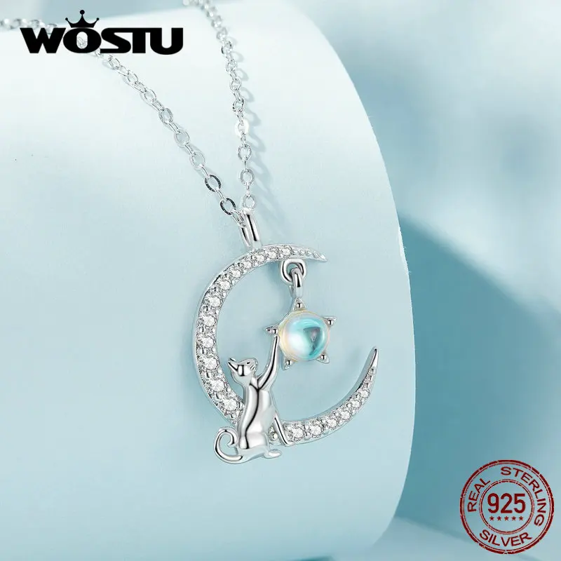 Cute Cat Moon Necklace with Crystal Zircons