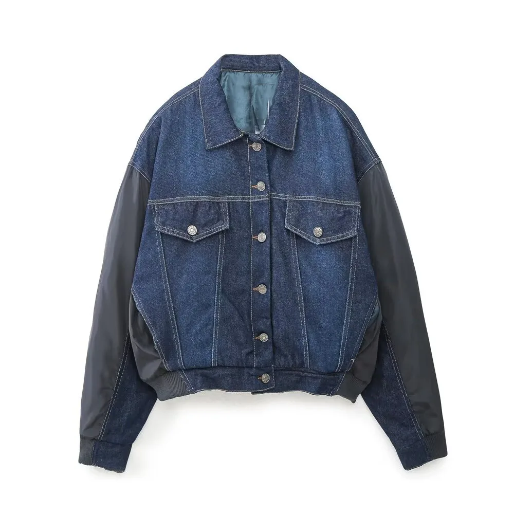 TRAF Women 2024 Autumn and Winter New Fashion Patchwork Denim Bomber Jacket Retro Lapel Chic Button Coat Outerwear Mujer