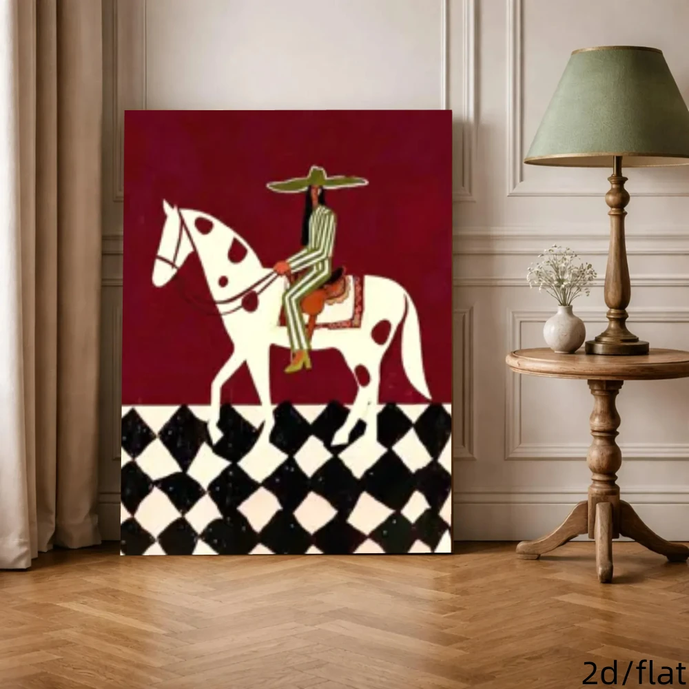 Modern Minimalist Decor Painting, Red Background Riding Figure Black‑White Diamond Lattice, Wooden Framed Ready‑to‑Hang Wall Art