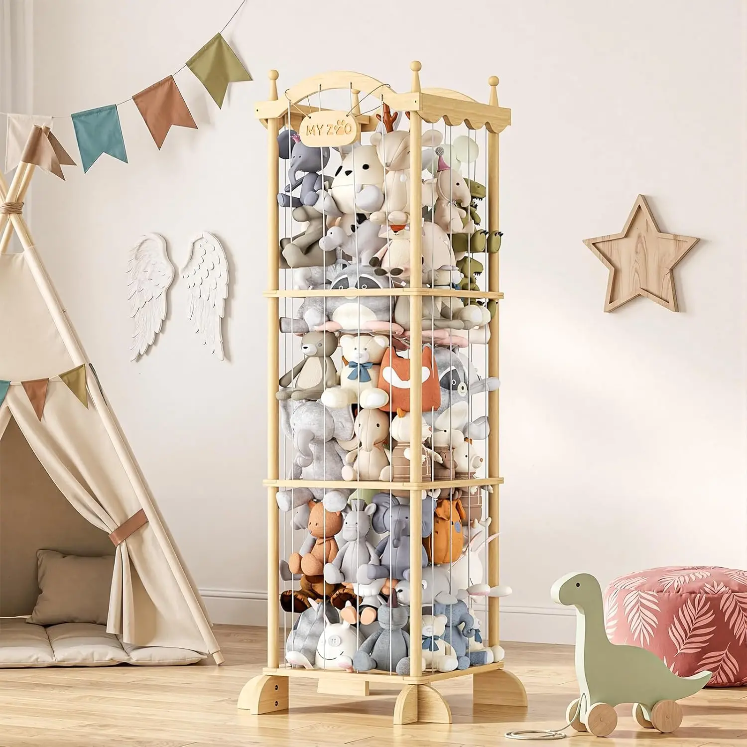 Large Stuffed Animal Storage Organizer, Wooden Plush Toy Holder with Clips & Cords, Holds 70+ Toys for Kids Room