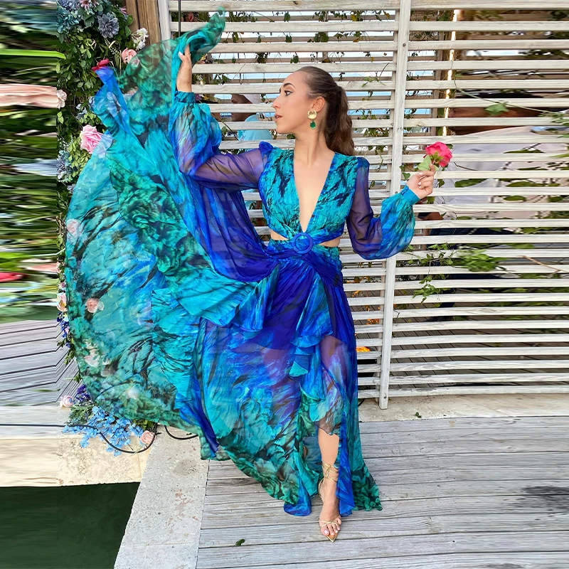 Frauen Trend Romantische Maxi Kleider Lange Ärmeln Tiefem V-kleid Rock Tie-dye Ausschnitt Sheer Chic Kleider Party musik Festival Roben