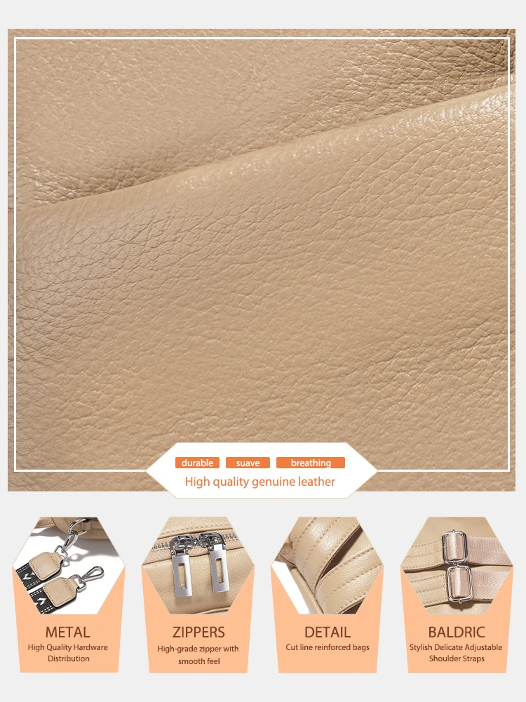 Zency Genuine Leather Small Backpack Knapsack Multi-pocket Design Wide Strap Convertible Shoulder Bag For Travel Commuter Work