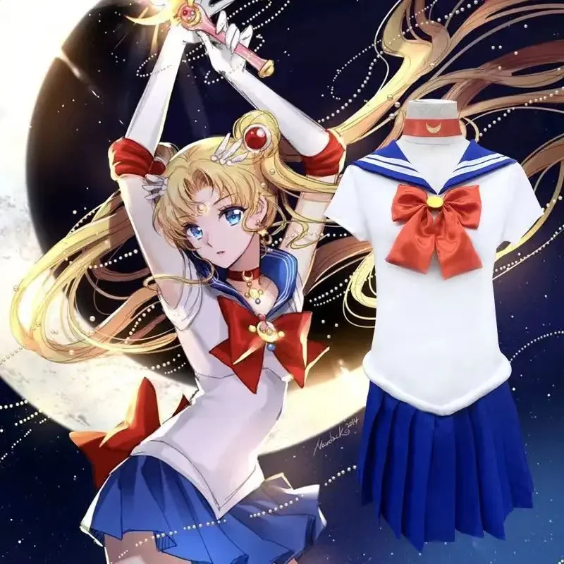 

Anime Cosplay Costume Tsukino Usagi Uniform Dress Outfits Cosplay Yellow Wig Halloween Party Women Kids Sailor Suit