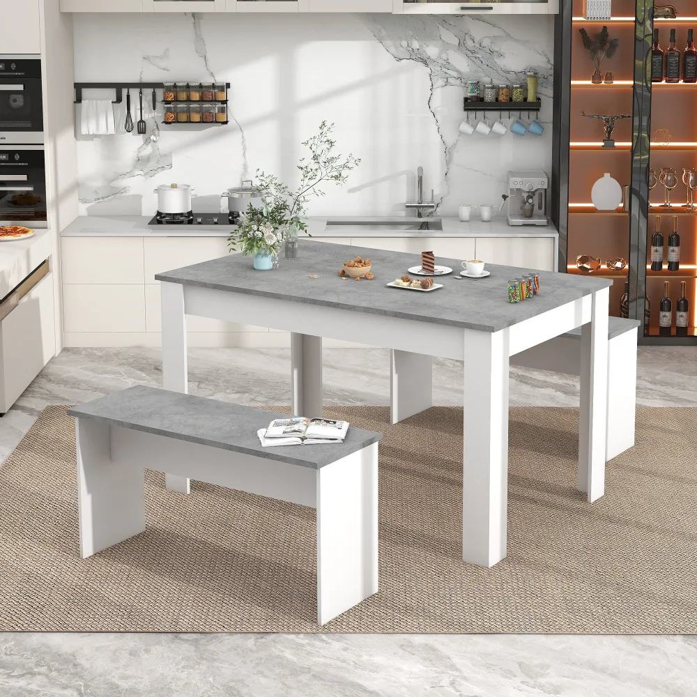 Dining Table with 2 benches Dining Table Set for Kitchen, Dining Room, Small Space Artificial Marble (Grey and White)