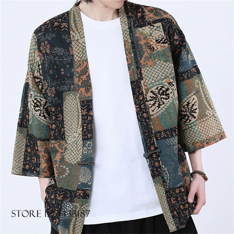 Men Open Front Kimono Cardigan Geometric Print Frog Button 3/4 Sleeve Loose Fit New Chinese Style Casual Outerwear