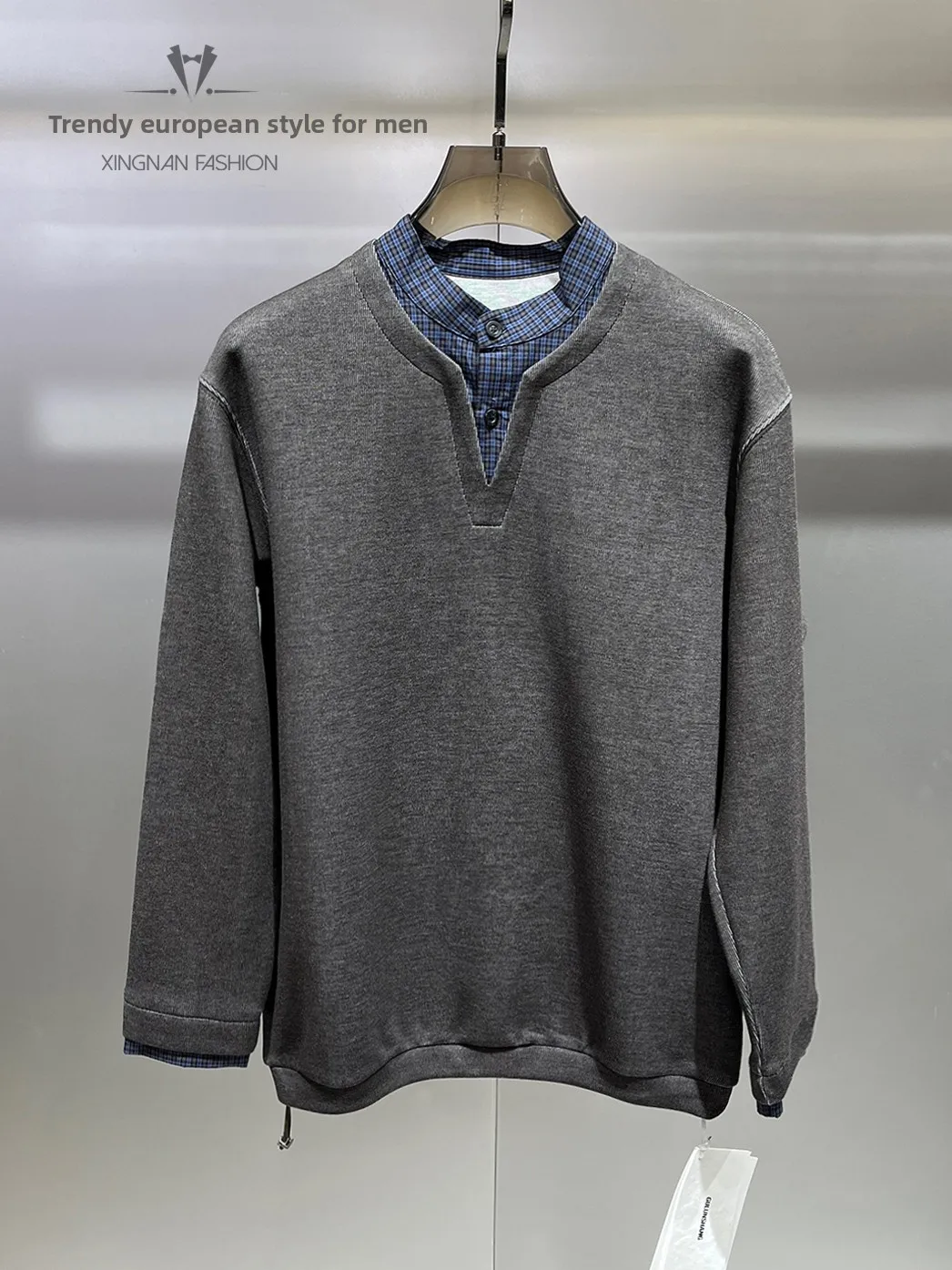 

Spring Faion Men's V-Ne Sweatirt Loose Plaid Patchwork Casual Long Sve Top Comfortable Breathable Youth Sle