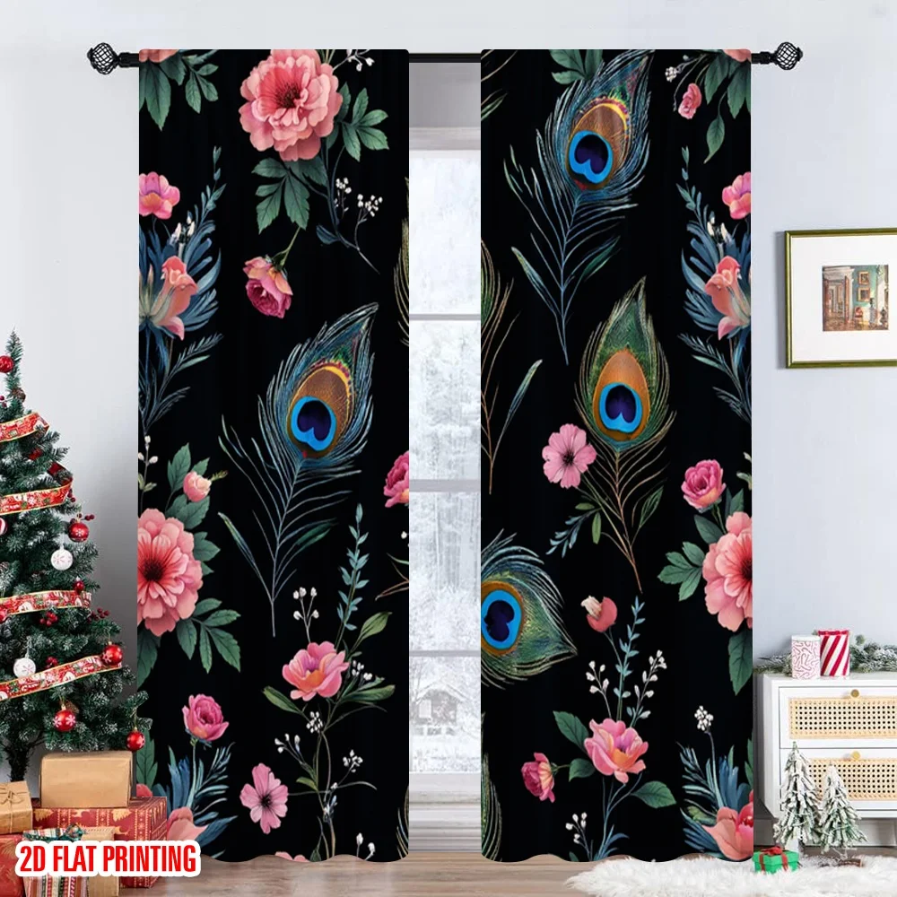 2 قطعة 2D الطباعة المسطحة نافذة العلاج الستائر ريش الطاووس الأزهار التطريز الرقمية المطبوعة البوليستر الستائر كل موسم #6