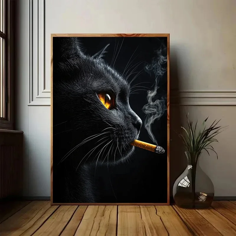 Frameless Canvas PaintingBlack Cat Smoking A Cigarette Drink Coffee Vintage Poster Art Retro Whimsical Print Funny Animal Poster