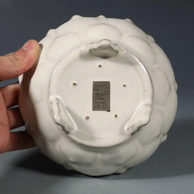 White Glaze Lotus Tripod Incense Burner Perforated Lid Chinese Antique Porcelain Censer Collectible Decor