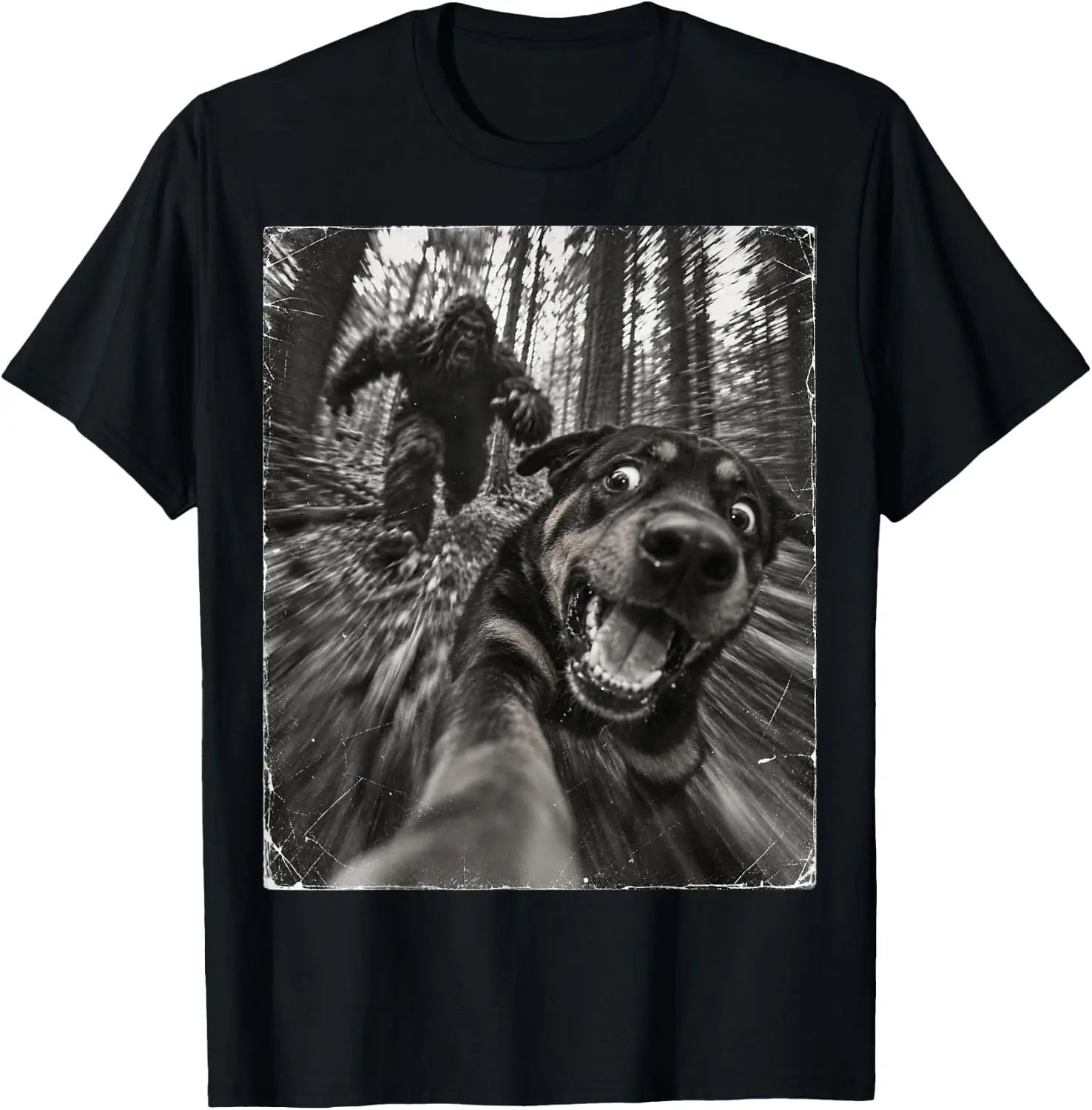 Vintage Bigfoot Running After Rottweiler Selfie Animal T-Shirt Breathable, heavyweight pure cotton short-sleeve top—stylish, plus-size, and suitable for year-round wear with a sporty, casual vibe