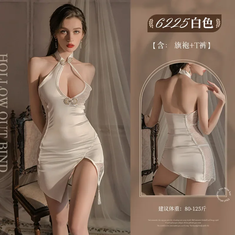 

Irregular Splicing Lace Satin Cheongsam Erotic Lingerie Chinese Qipao Dress Traditional Uniform Cosplay Sexy Teddy Babydoll