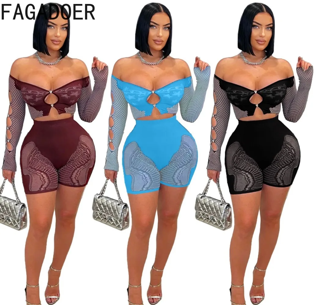 FAGADOER Sexy Lace Hollow Bodycon 2 Piece Sets Women Outfit Off Shoulder Long Sleeve Crop Top + High Waist Shorts Matching Suits